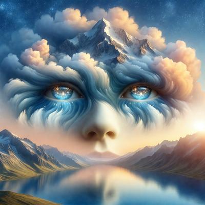 The primary subject of the image is a person with blue eyes, possibly a woman, who is looking up at the sky. The setting is a beautiful landscape featuring mountains, clouds, and a body of water. The visual style is a combination of digital art and illustration, creating a surreal and dreamy atmosphere. The dominant colors are blue and white, which contribute to the serene and peaceful mood of the scene.